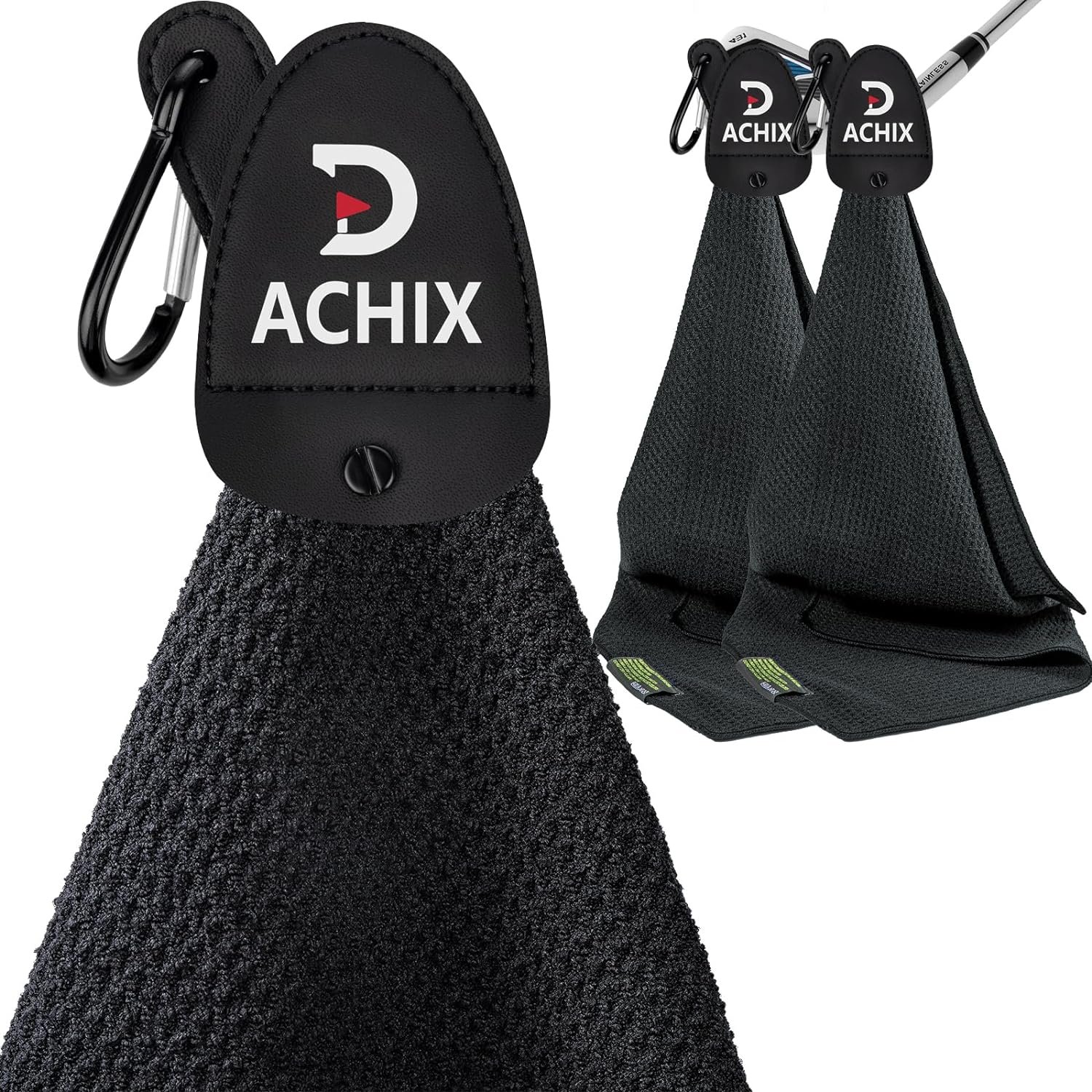 ACHIX 2 Pack Magnetic Golf Towels, Waffle Pattern Golf Towel for Men, Microfiber Golf Towel with Carabiner Clip for Strong Hold to Golf Carts, Clubs and Golf Bags (Black)