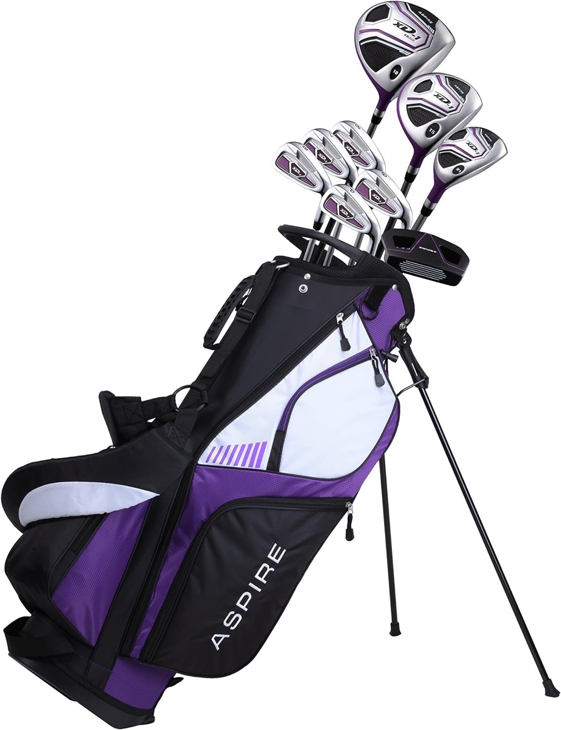 Aspire XD1 Ladies Womens Complete Golf Clubs Set Includes Driver, Fairway, Hybrid, 6-PW Irons, Putter, Stand Bag, 3 H/Cs Purple