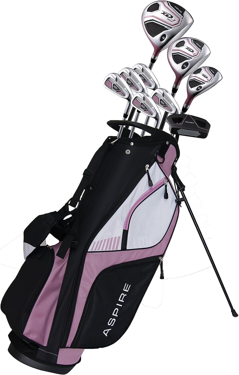 Aspire XD1 Ladies Womens Complete Right Handed Golf Clubs Set Includes Titanium Driver, S.S. Fairway, S.S. Hybrid, S.S. 6-PW Irons, Putter, Stand Bag, 3 H/Cs Pink