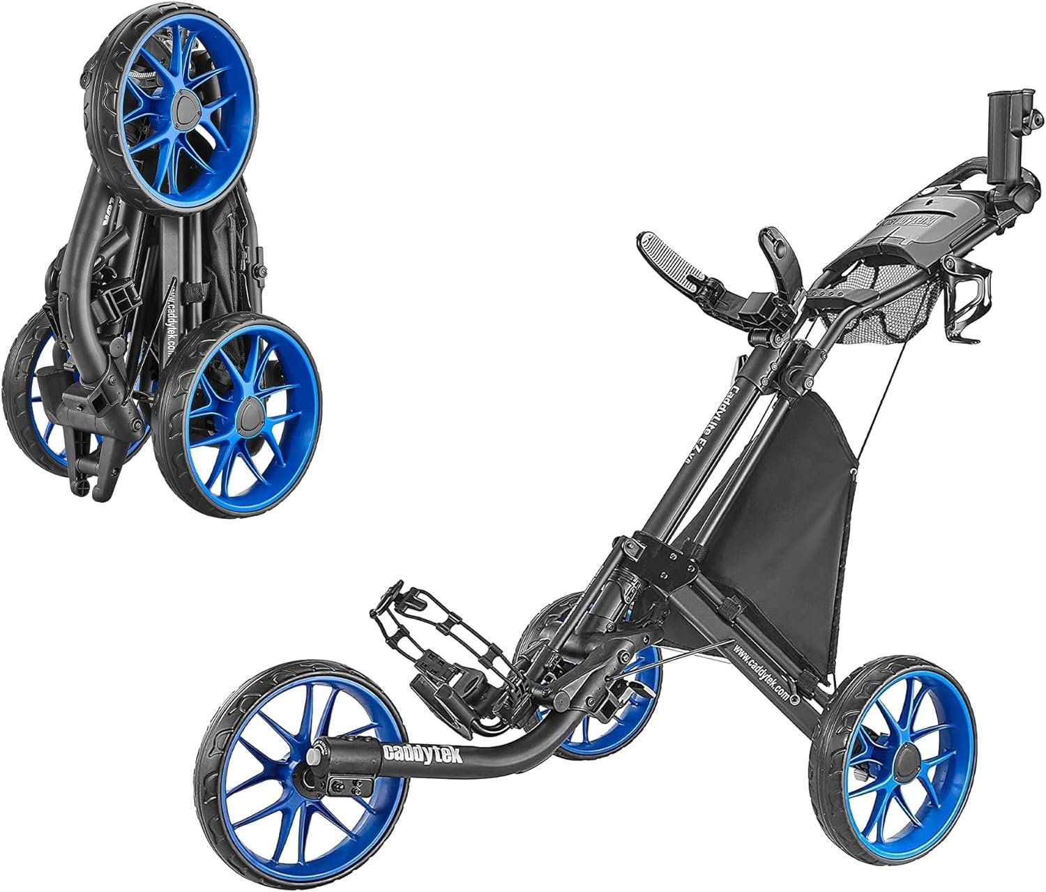 CaddyTek 3 Wheel Golf Push Cart - Foldable Collapsible Lightweight Pushcart with Foot Brake - Easy to Open  Close