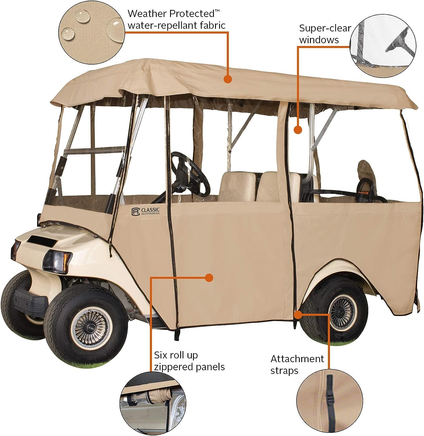 Classic Accessories Fairway Deluxe 4-Sided 4-Person Golf Cart Enclosure, Tan