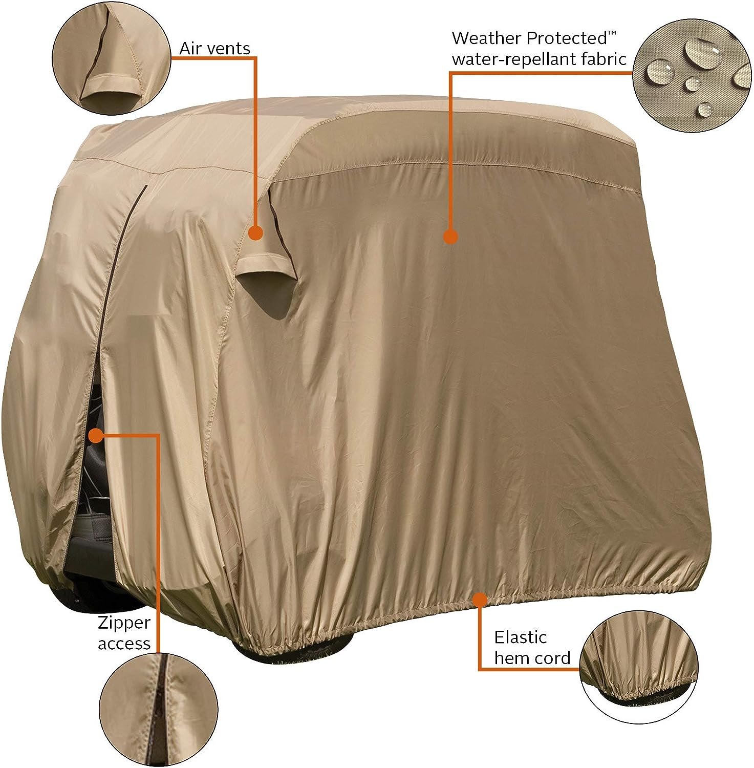 Classic Accessories Fairway Golf Cart Easy-On Cover, Tan, Fits Club Car Precedent, Yamaha Drive  EZ Go