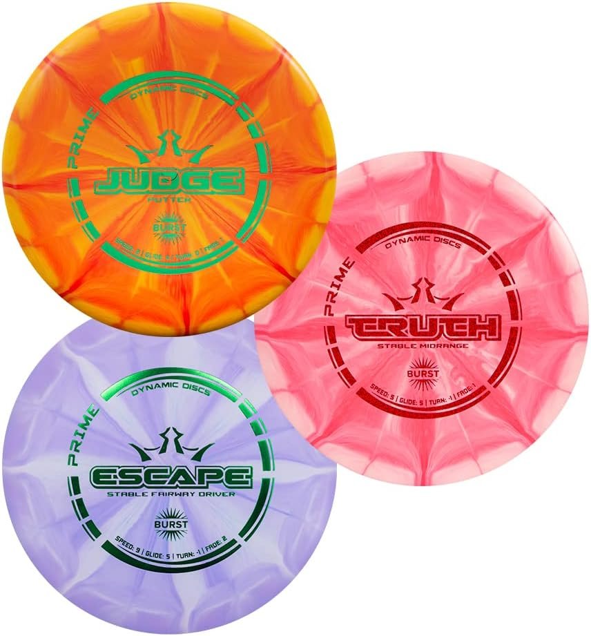 Dynamic Discs Prime Burst Starter Set | Set Includes a Prime Judge, Prime Truth, and Prime Escape | Maximum Distance Frisbee Golf Driver | Frisbee Golf Stamp and Color Will Vary (3 Discs)
