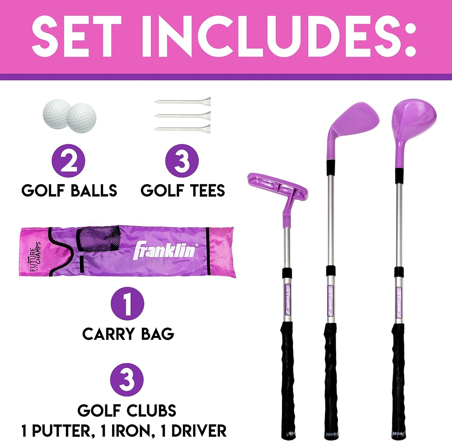 Franklin Sports Golf Set - Youth Adjustable Plastic Golf Club Set - Kids Golf Set with Bag  Balls - Adjustable Length Clubs For Toddlers - Pink