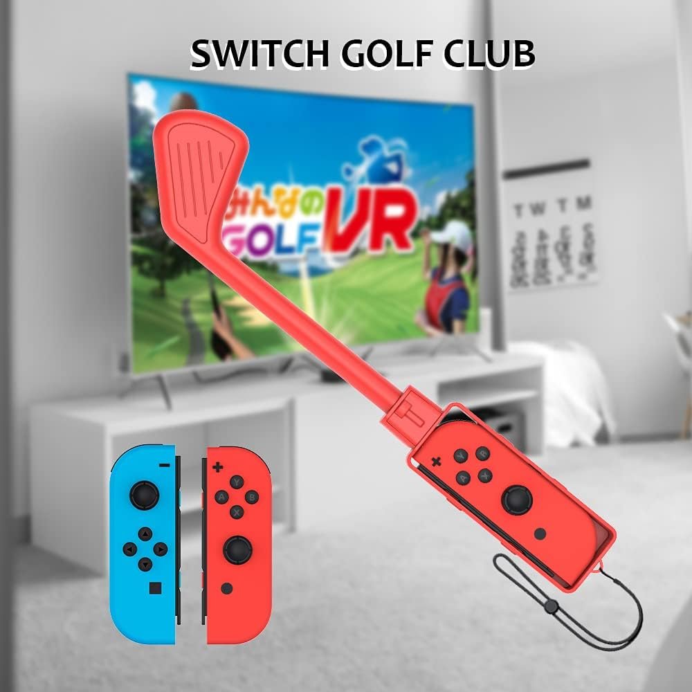 Golf Club for Mario Golf: Super Rush - Nintendo Switch Joy-con Accessories,Mini Golf Clubs Hand Grip Accessories with Wrist Strap for Joy Cons - 2 Pack (Red  Blue)