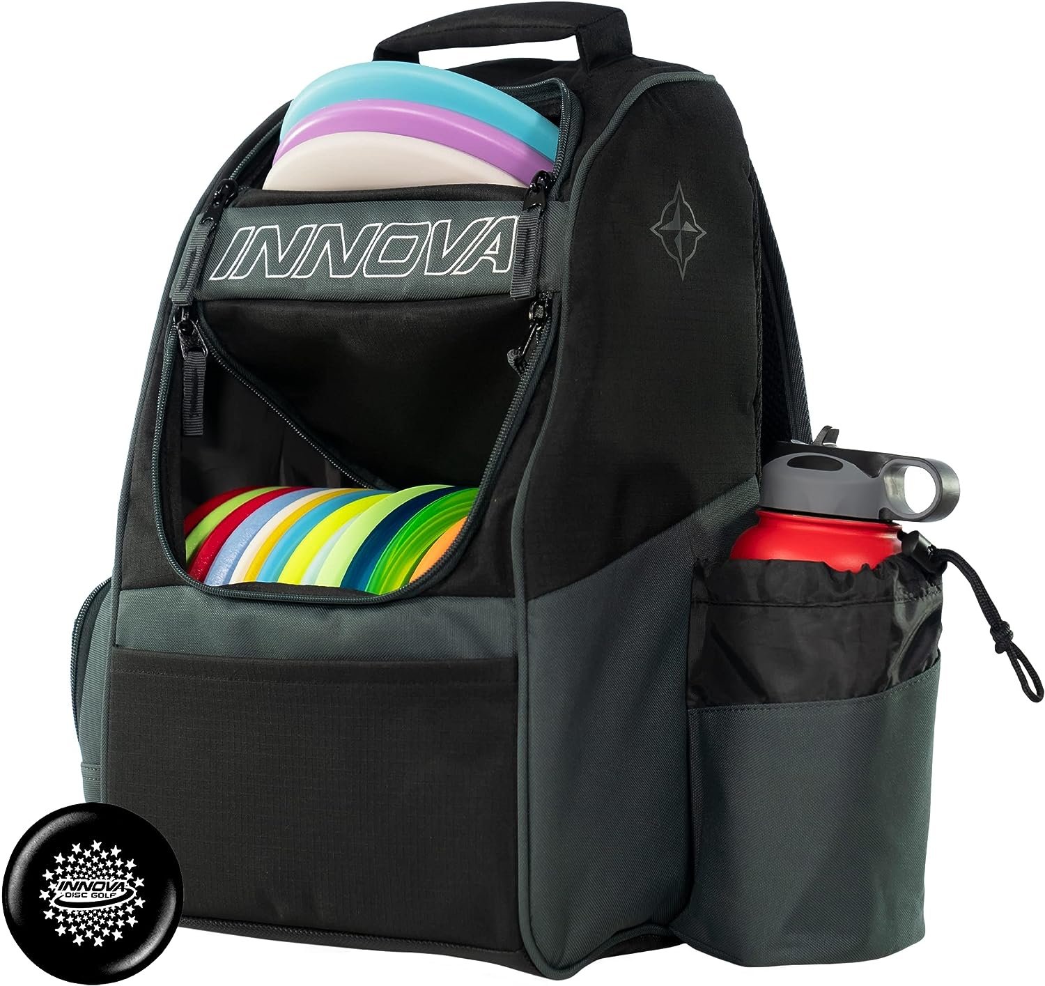 INNOVA Adventure Pack Backpack Disc Golf Bag - Holds 25 Discs - Lightweight - Includes INNOVA Limited Edition Stars Mini Marker (Black/Grey)