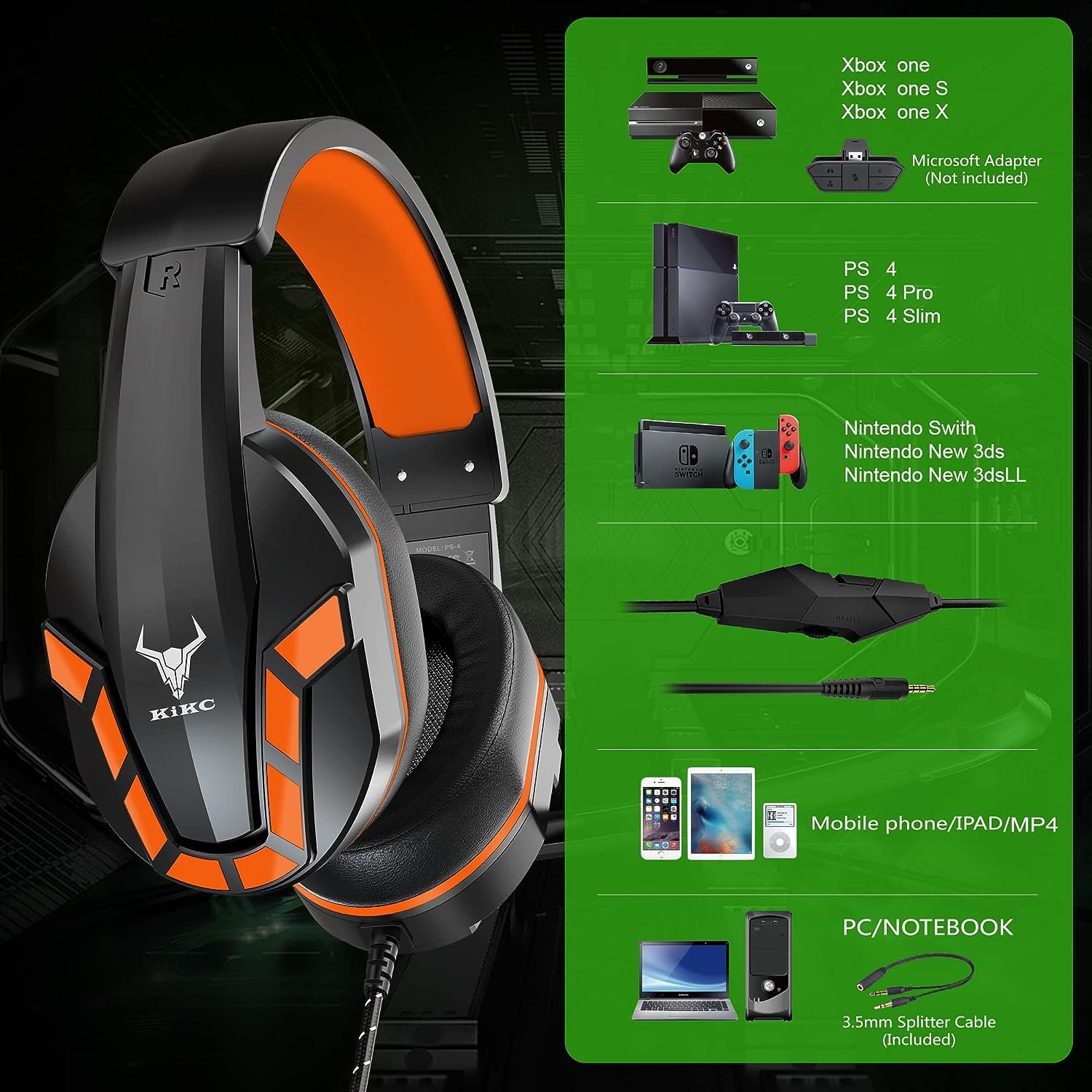 Kikc PS4 Gaming Headset with Mic for Xbox One, PS5, PC, Mobile Phone and Notebook, Controllable Volume Gaming Headphones with Soft Earmuffs for Kid
