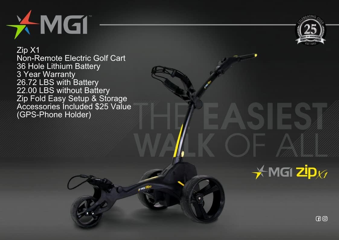 MGI Zip X1 Electric Golf Cart - 36 Hole Lithium Battery - Accessories Included (GPS Phone Holder), Black