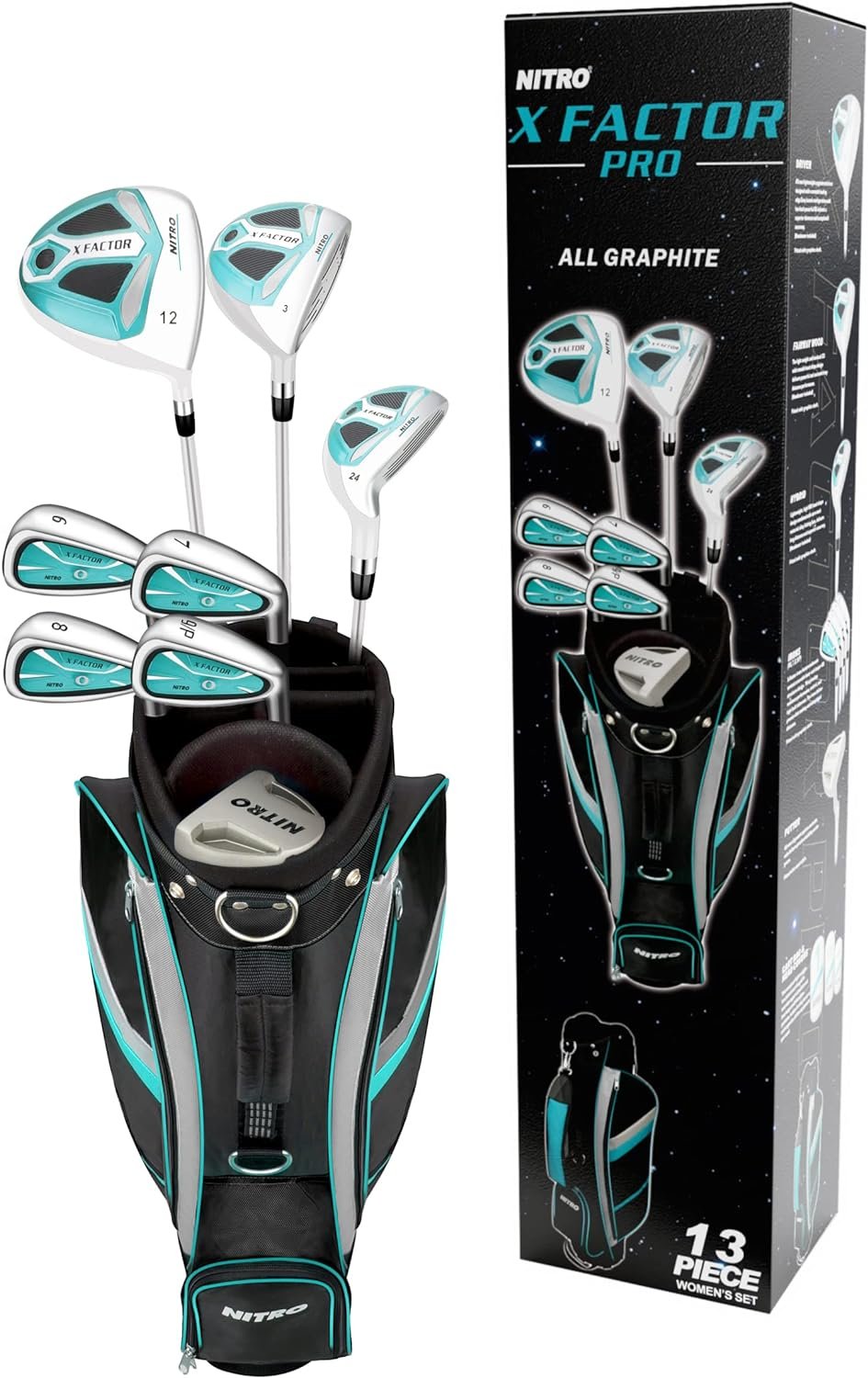 Nitro X Factor 13 Piece Golf Set All Graphite Ladies, Right Handed, Teal/Silver, Large