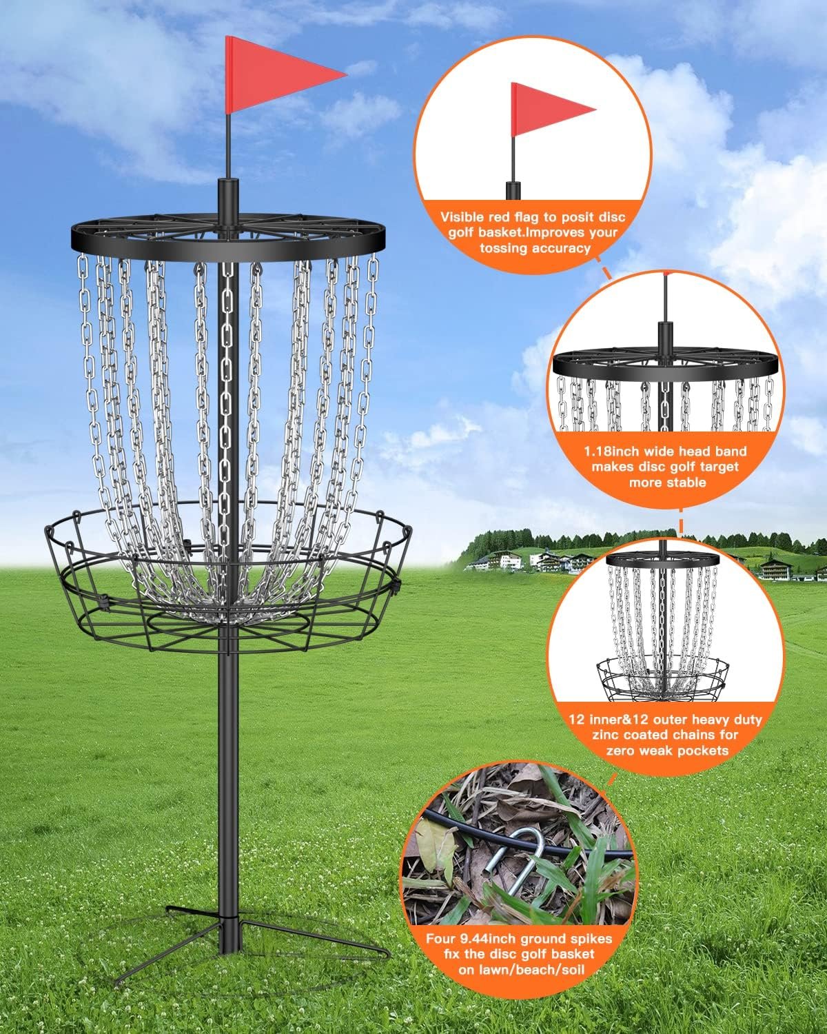 NQV Disc Golf Basket,24 Chain Portable Disc Golf Baskets with Bag,Disk Golf Basket, Disc Golf Targets,Disc Golf Goal,Disc Golf Cage Outdoor Indoor Professional Practice