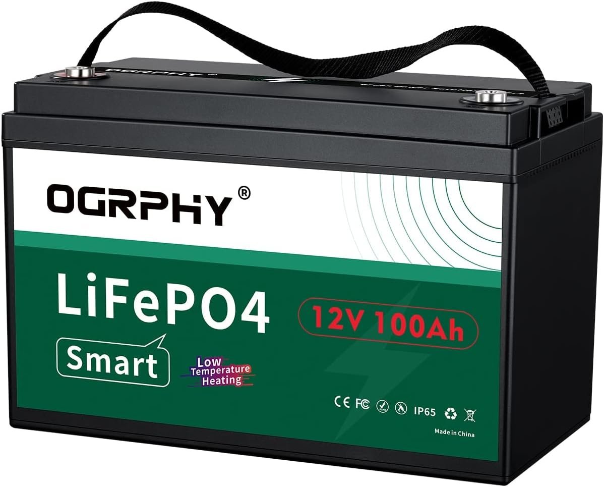 OGRPHY 12V 100Ah LiFePO4 Battery with Bluetooth, Grade A Cells Deep Cycle Lithium Battery with 100A Low Temperature Self Heating BMS for RV, Trolling Motor, Solar, Golf Cart and Off Grid Applications