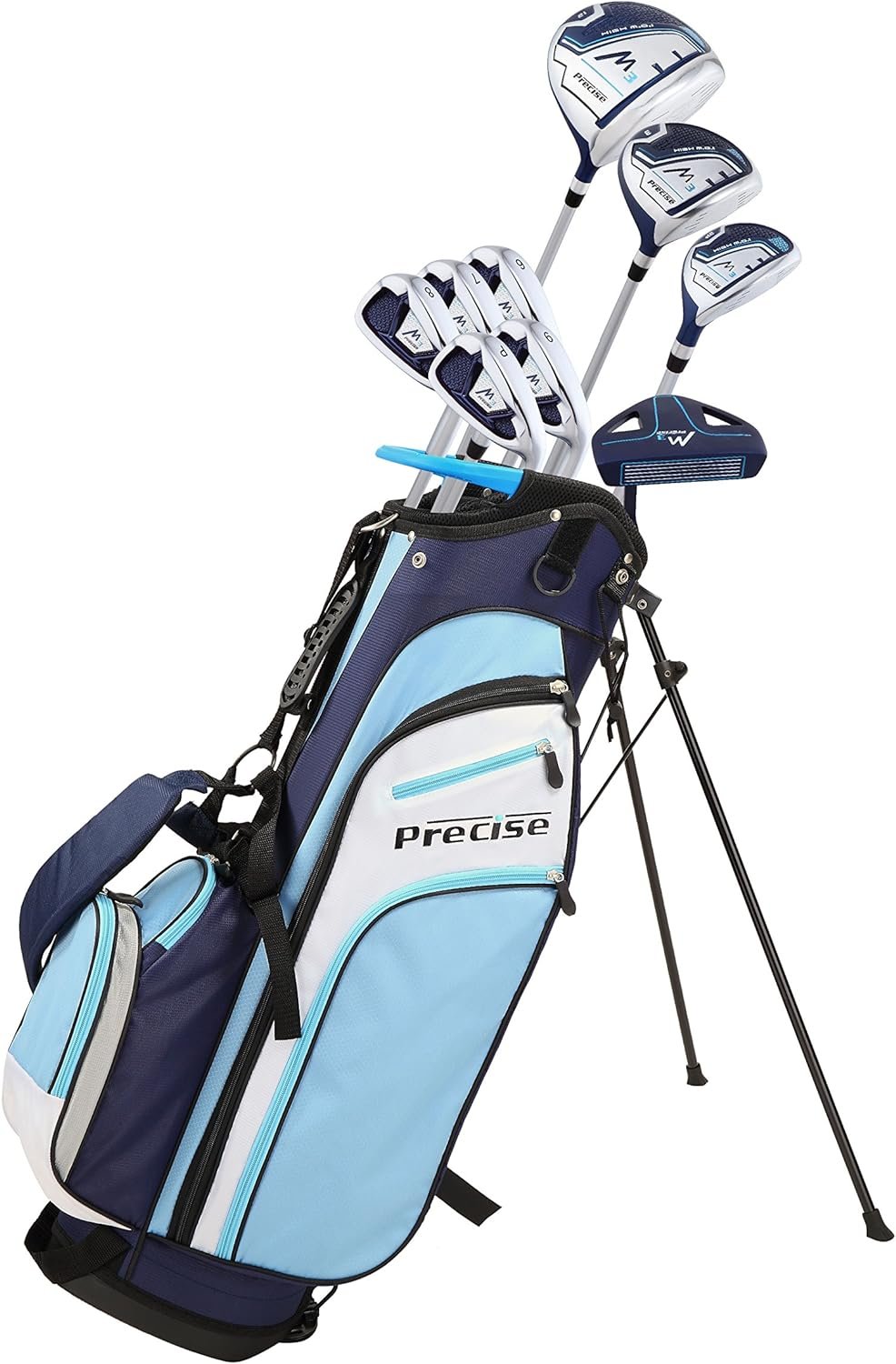 Precise M3 Ladies Womens Complete Golf Clubs Set Includes Driver, Fairway, Hybrid, 7-PW Irons, Putter, Stand Bag, 3 H/Cs Blue - Regular or Petite Size!