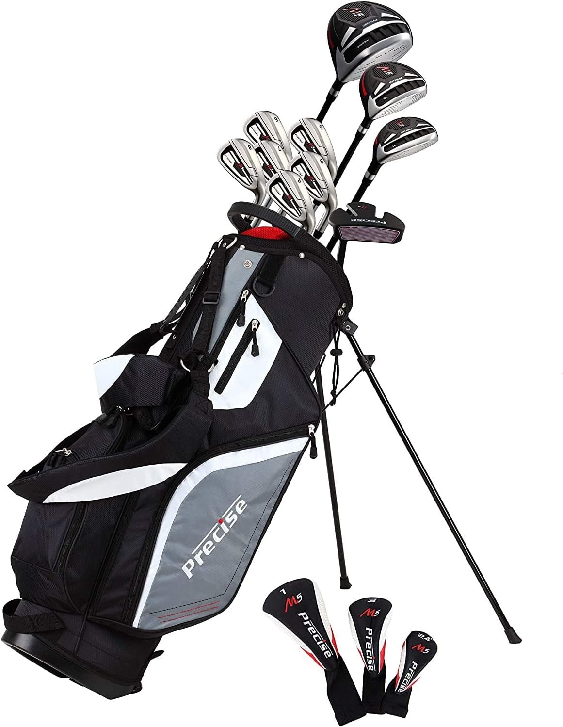 Precise M5 Mens Complete Golf Clubs Package Set Includes Titanium Driver, S.S. Fairway, S.S. Hybrid, S.S. 5-PW Irons, Putter, Stand Bag, 3 H/Cs