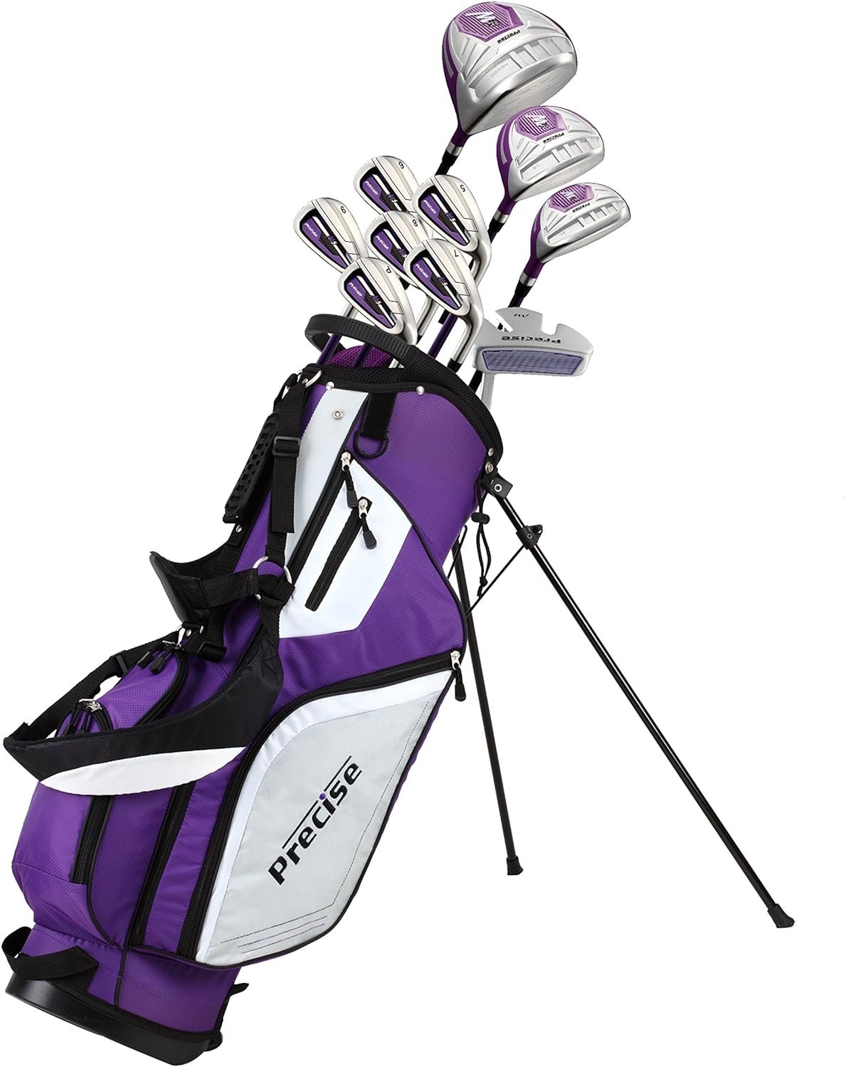 Precise Top Line Ladies Purple Right Handed M5 Golf Club Set, 460cc Driver, 3 Wood, 21* Hybrid, 5, 6, 7, 8, 9, PW Stainless Steel Irons, Putter, Graphite Shafts for Woods  Irons +Stand Bag + 3 Covers
