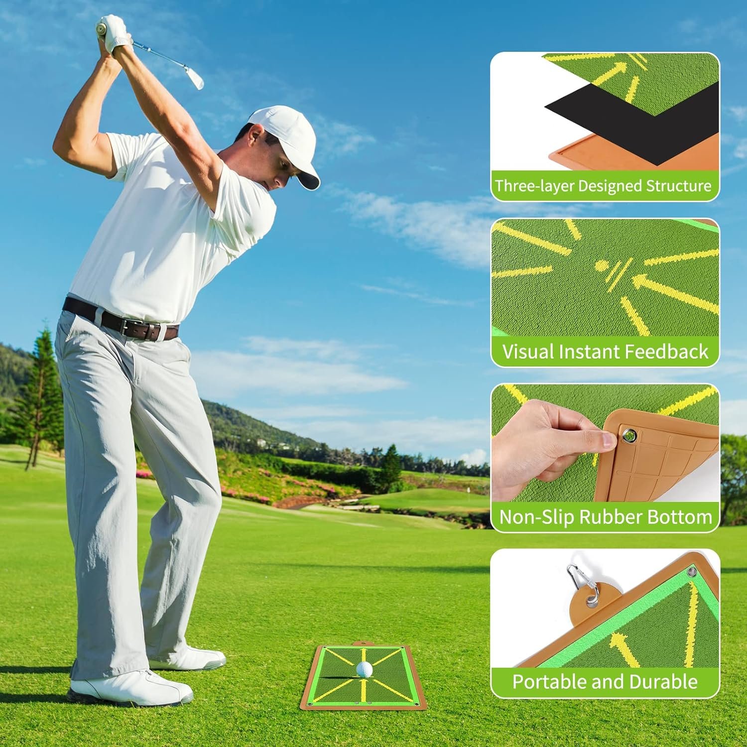 Premium Golf Training Mat for Swing Detection, Golf Swing Mat with Three-Layer Structure for Effective Buffer, Golf Practice Mats, Golf Training Equipment for Indoor/Outdoor