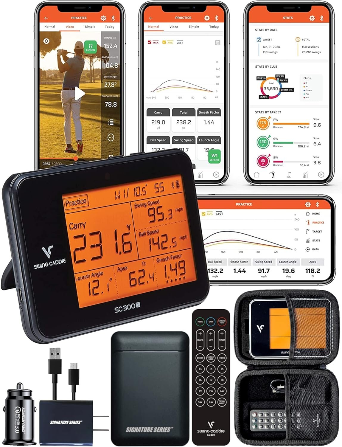 Voice Caddie SC300i Swing Caddie Portable Golf Launch Monitor | Doppler Radar Technology with Carry, Total Distance, Ball  Swing Speed, Launch Angle, Max Height with Signature Series Charger Bundle
