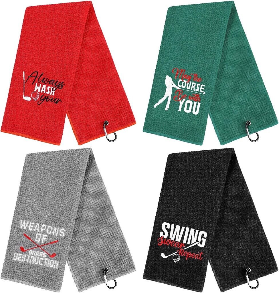 4 Pcs Funny Golf Towel Embroidered Golf Towels for Golf Bags with Clip Golf Gifts for Men Women Birthday Gifts for Golf Fan, Retirement Gift 24 x 16 Inch (Bright Style)