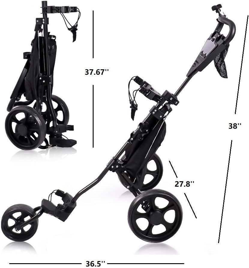 HOW TRUE Golf Push Cart, 3 Wheels Folding Golf cart with Foot Brake  Phone Holder  Waterproof Cooler Bag, Portable Lightweight Quick Open Fold Golf Cart, Adjustable Handle, Umbrella Holder