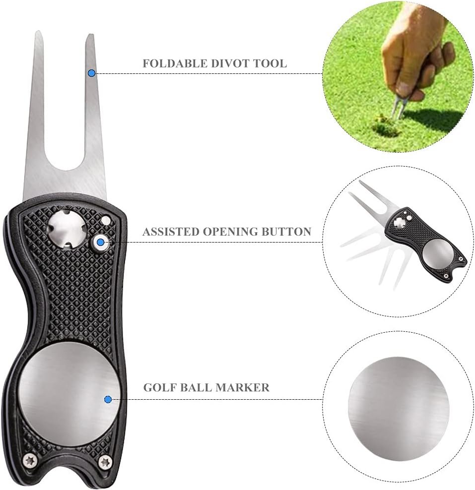 VIVIDLY Microfiber Waffle Pattern Tri-fold Golf Towel (16 x 24)| Golf Club Brush| Golf Divot Tool| Black Golf Towel Set| Suitable for Golf Lovers| Golf Accessories for Men